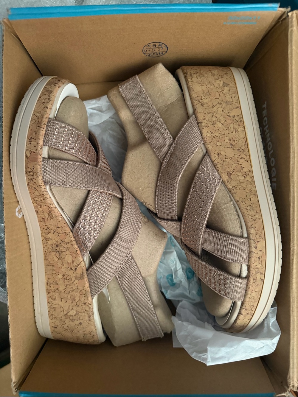 Bzees Beige Taupe Cork Wedge Sandals